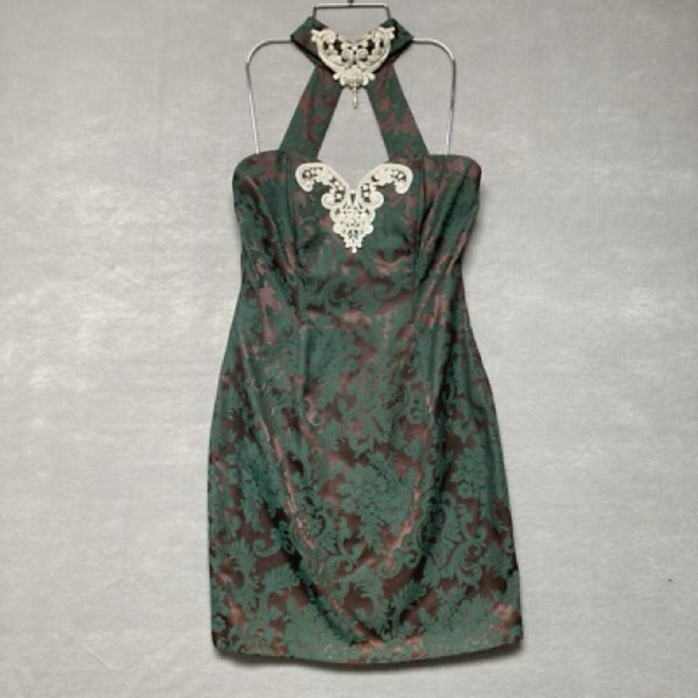 1980s Vintage Jessica McClintock Strapless Green Dress with Lace Detail